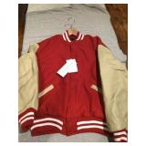 Large   red and tan varsity jacket