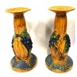 Set Of Two Large Ceramic Candlesticks With Grape D