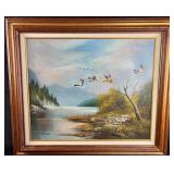 Original Oil Painting Flying Ducks Over Pond Signe