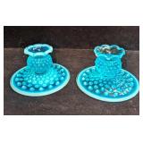 2 Vintage Fenton Blue Hobnail Candlestick Holders