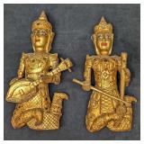 2 Vintage Buddha Musician Gilt Wooden Wall Statues