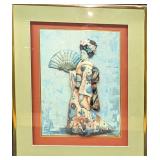 Vintage Framed Joan Pifarre 3D Geisha Girl With Fa