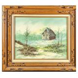 Vintage Framed Acrylic On Canvas Snowy Cabin