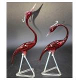 Pair Of Bimini Style Hand Blown Glass Red Egrets