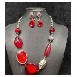 Unique Red Beaded & Silver Tone Necklace & Earring