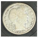 Authenticated VG Barber Silver Half Dollar 1907