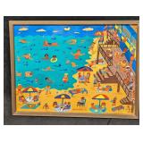 Framed Malcah Zeldis Gouache On Board Beach Scene