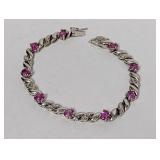 7" .925 Sterling Pink Stone/Diamond  Bracelet