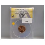 ANACS 2000 MS64 Off Center One Cent