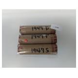 (3) Rolls 1949-P,D,S Wheat Cents