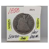 Rare 1858 90% Silv Seated Half $1