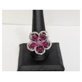 .925 Sterl Pink Flower Ring w/Diam Ring Sz 10