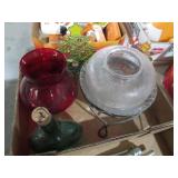 COLLECTION OF RUBY RED VASE,GRN BOTTLES&CHRISTMAS