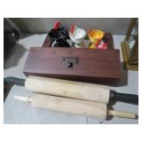 (2) ROLLING PINS ,CHICKENS, MEASURES, WALL BOX