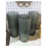 (3) SATIN GREEN RIBBED VASES