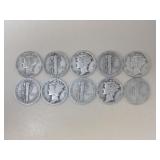 (10) MERCURY DIMES VARIOUS DATES & MM 90%