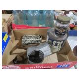 BOX OF CANS, SIFTER,VINTAGE MATCHES