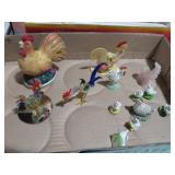 COLLECTION OF CERAMIC&GLASS ROOSTERS,HENS&CHICKS