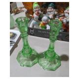 GREEN DEPRESSION GLASS CANDLEHOLDRS  8"