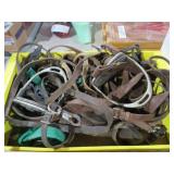 BOX OF HORSE TACKS, STIRRUPS &MISC