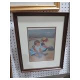 FRAMED ARTIST SIGNED CHILDREN AT BEACH PRINT