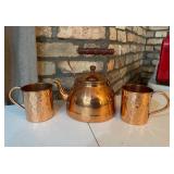 Copper Tea Kettle with Two Hammered Copper Mugs