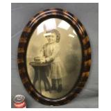 Bubble Glass Oval Wood Frame W/ Old Picture Of