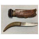 RAMS HORN FIXED BLADE KNIFE/LEATHER SHEATH