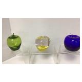 (3) Art glass apple paper weights. One is m
