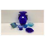 Lovely blue glass lot: 10.5 inch tall vase, small
