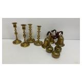 (8) Brass Candlesticks, door handle Bells, and