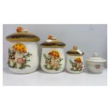 3 mushroom canisters, Moose Lodge sugar bowl