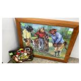 Golfing dogs picture signed Dan McManis in wood