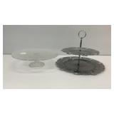 Glass pedestal cake plate and tiered metal