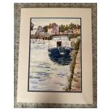 Matted Signed Watercolor, "Dinan Harbor, France"