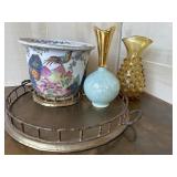 Tobacco Leaf Planter; Brass Trays; and Vases