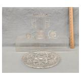 Clear Glass Tray, Knife Rest, Salt and Vase