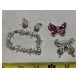 Silvertone snowflake bracelet, 2 butterfly pins