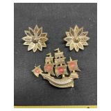 Vintage Damascene Ship Brooch marked Spain &