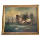 EARLY UNSIGNED OIL ON CANVAS OF MARITIME BATTLE