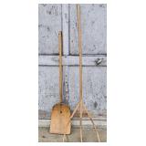 ANTIQUE WOODEN HAY FORK AND SHOVEL