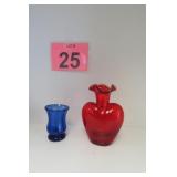 Hand Blown Red Crackle Vase & Cobalt Blue Glass