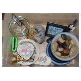 Misc Tote w/ Ceramics, Glass Canister, Lapidary