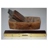 Antique Wood Carpenters Plane + Modern Brass Level