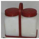 Vtg Milk Glass Salt & Pepper Shaker w/ Red Metal