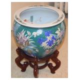 Vintage Chinese Ceramic Koi Fish Bowl w/ Base 14d