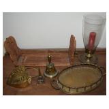 Home Decor Lot w/ Brass Tray, Bells, Wooden Book