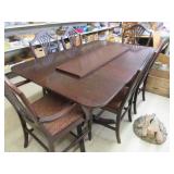 Antique Dining Table w/Leaf & 6 Chairs - 2 w/Arms