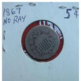 1867 No Rays Shield Nickel