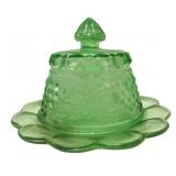 Vtg Green Glass Butter Dish 6"T